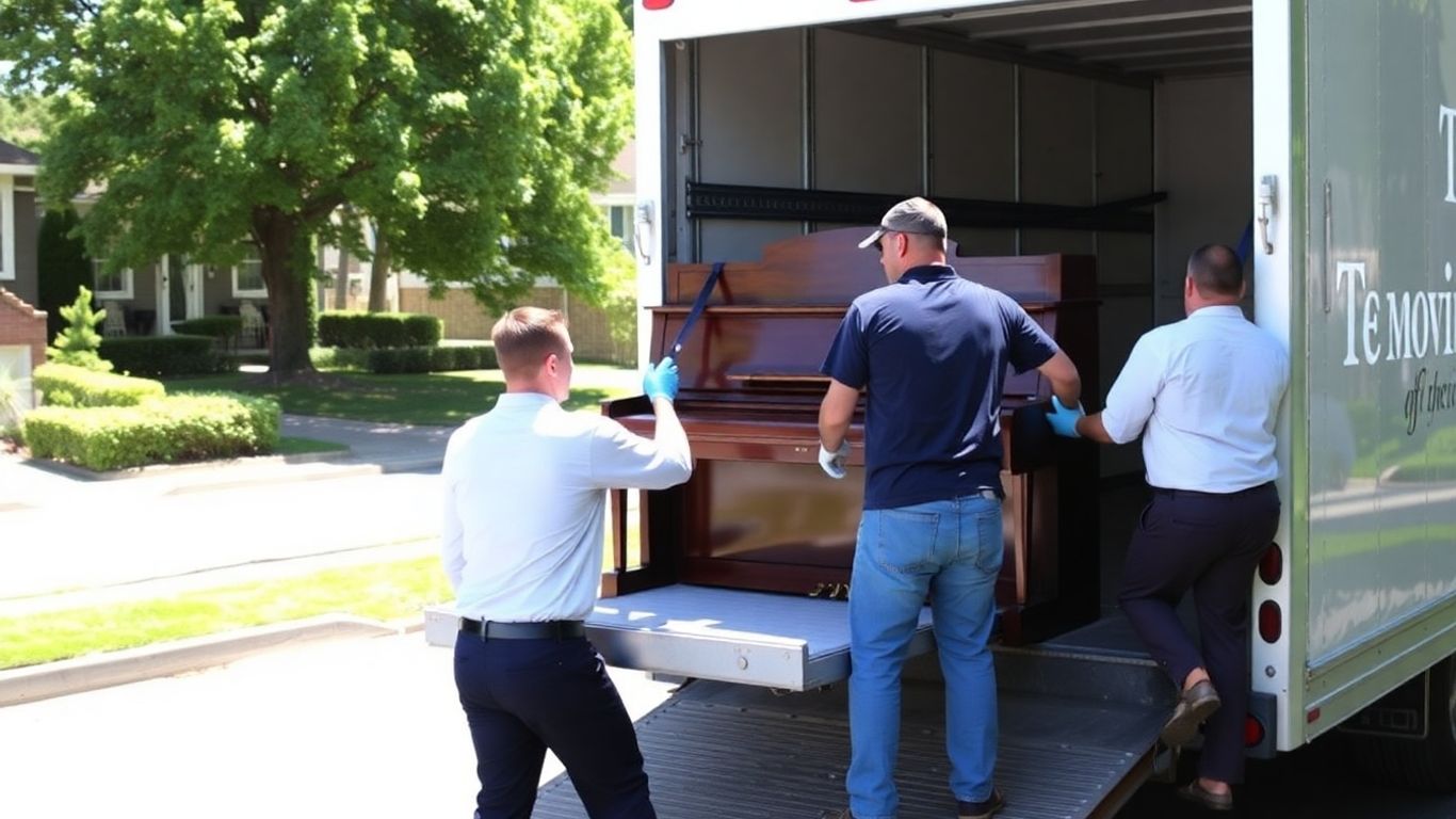 Piano movers carefully loading a piano onto a truck.