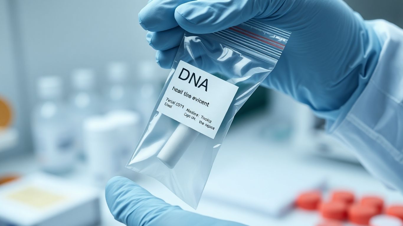DNA sample in sealed evidence bag with gloved hands.