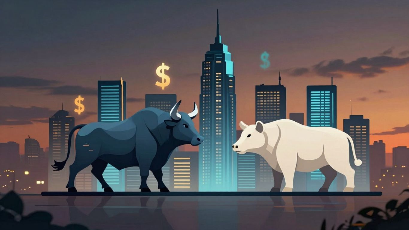 Indian cityscape with crypto symbols and market dynamics.