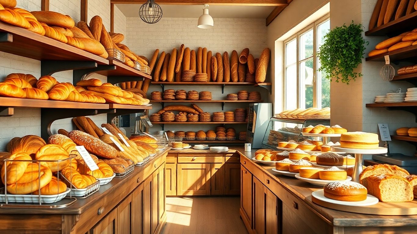 Europäische Bäckereiprodukte auf einem Holztresen