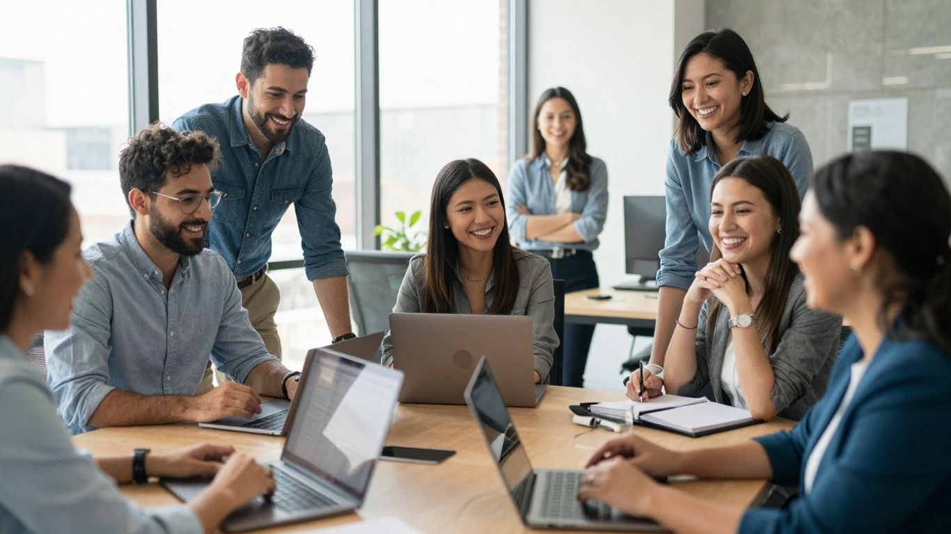 Marketing professionals collaborating in a bright, modern office.