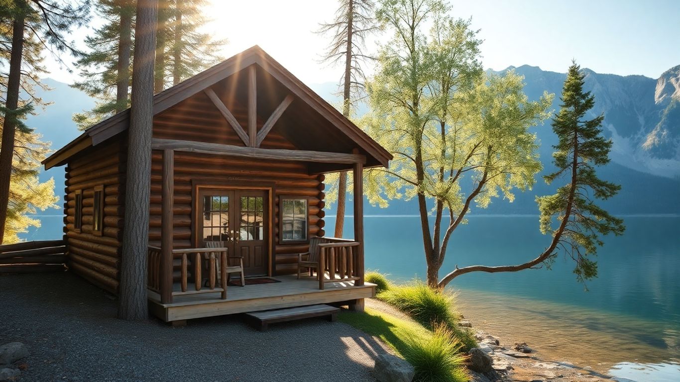 Cabane en bois au bord d'un lac avec montagnes en arrière-plan.