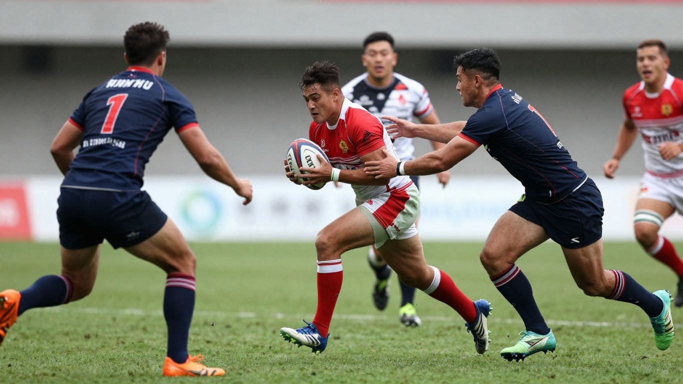 Rugby players in a fierce match on a green field.