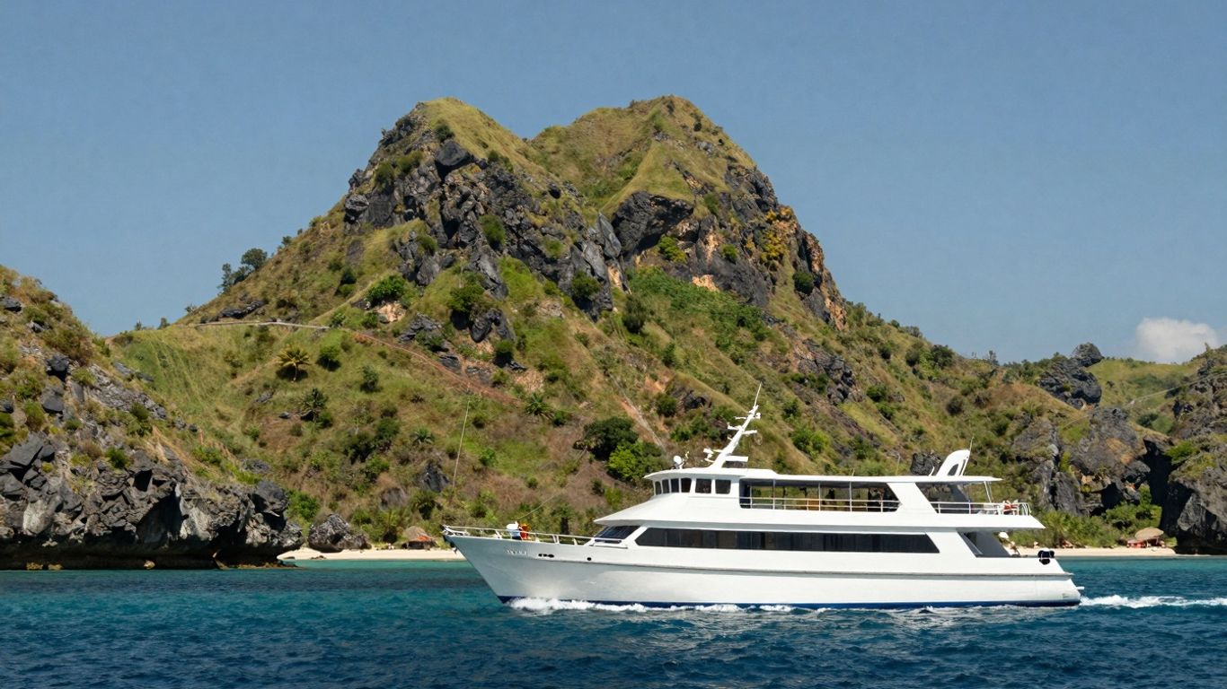 Komodo charter boat sailing turquoise waters near islands.