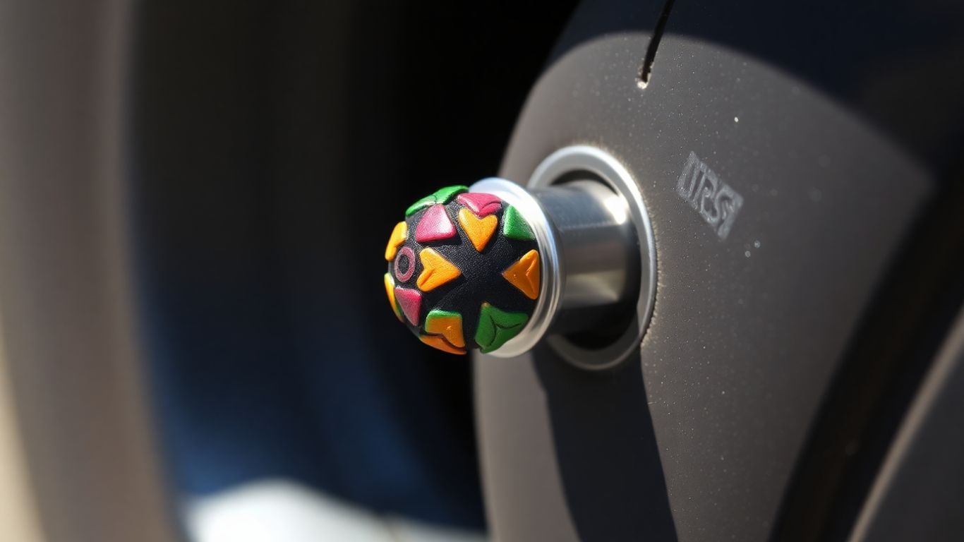 Colorful tire valve cap on a car tire.