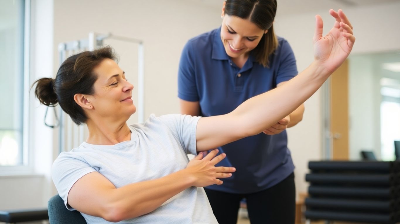 Physical therapist assisting patient with arm rehabilitation exercise.
