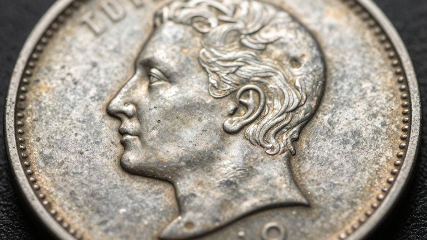 Tarnished coin showing environmental damage and storage effects.