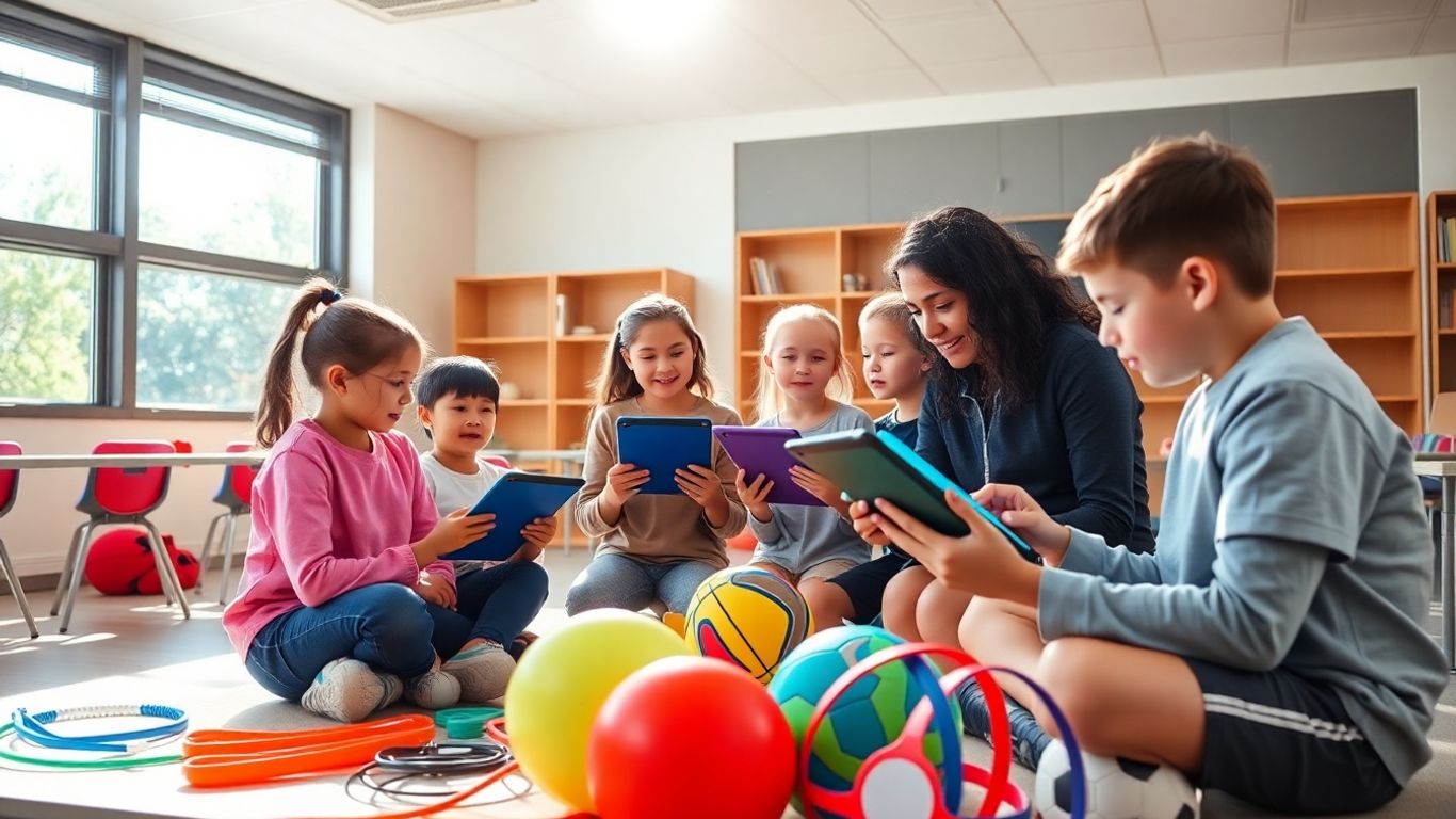Lehrer und Sch&uuml;ler mit Tablets im Sportunterricht