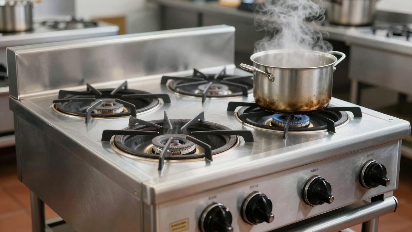 Commercial hot plate with multiple burners in a kitchen.