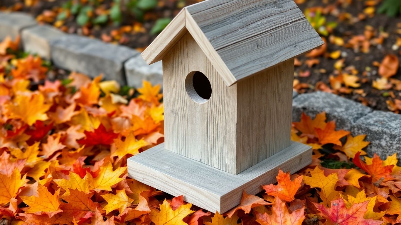 Vogelhaus im Herbst mit bunten Blättern