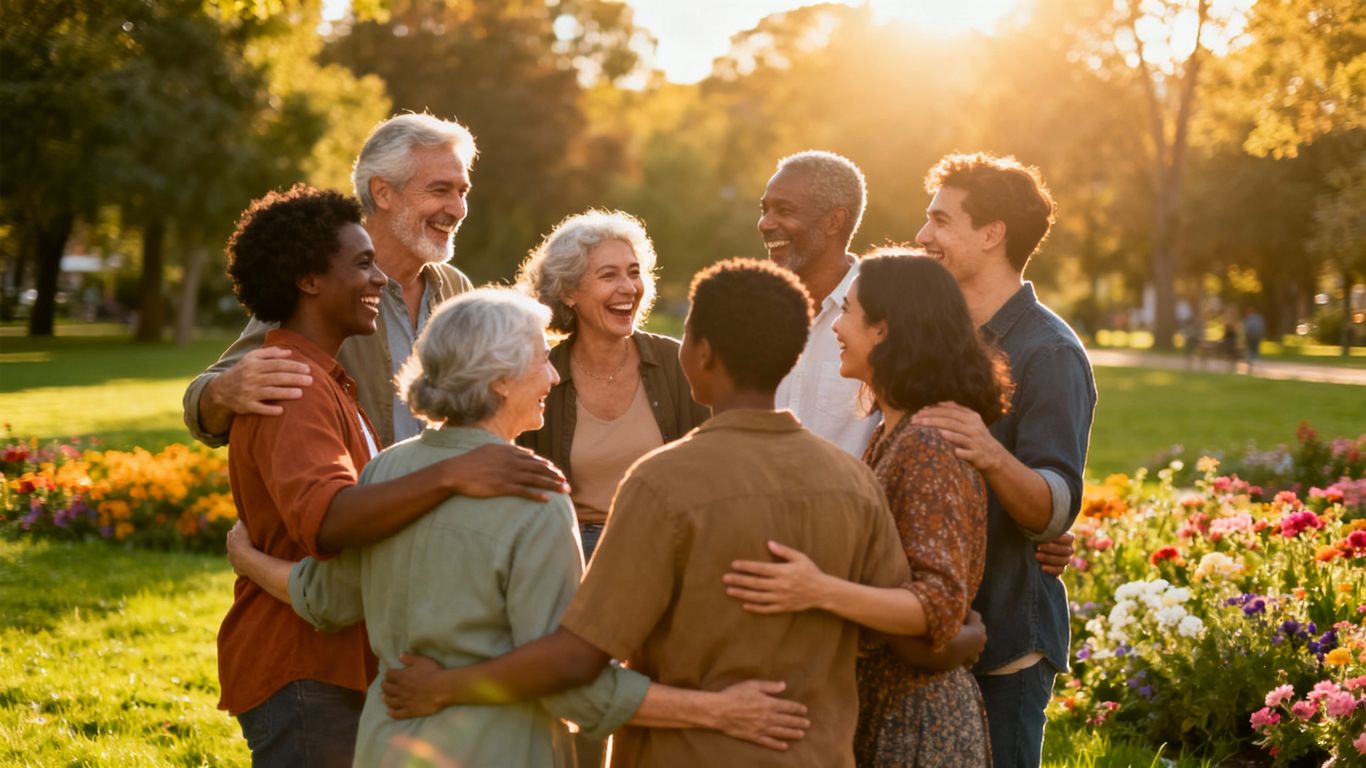 Diverse group connecting in a park, finding community.
