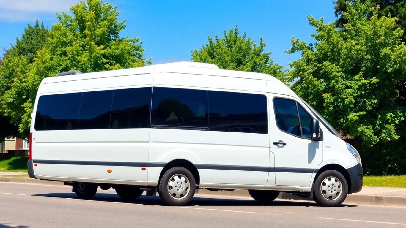 Modern minibus parked on a sunny Slough street.