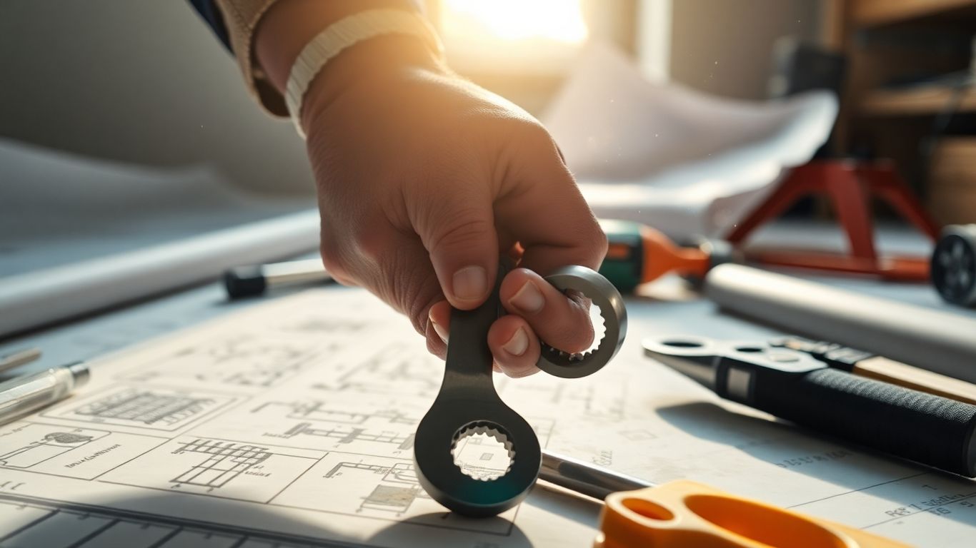 Contractor working with tools and blueprints.