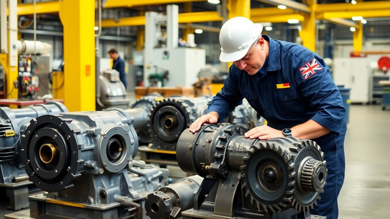 Australian technician inspecting industrial gearboxes in workshop
