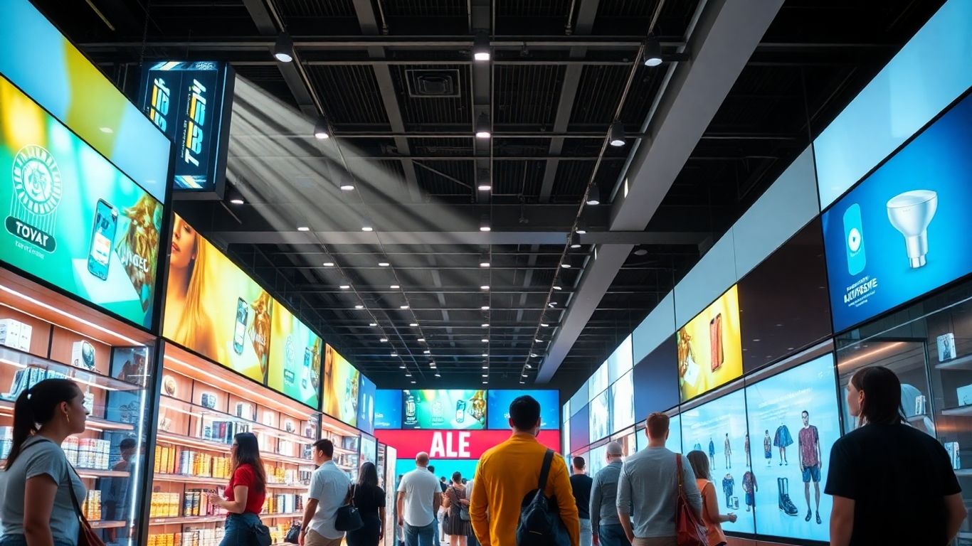 BigCommerce store with digital displays and happy customers.