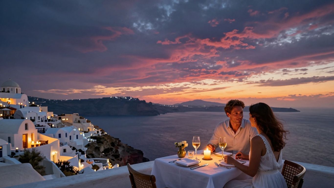 Couple dining with Santorini caldera sunset view.