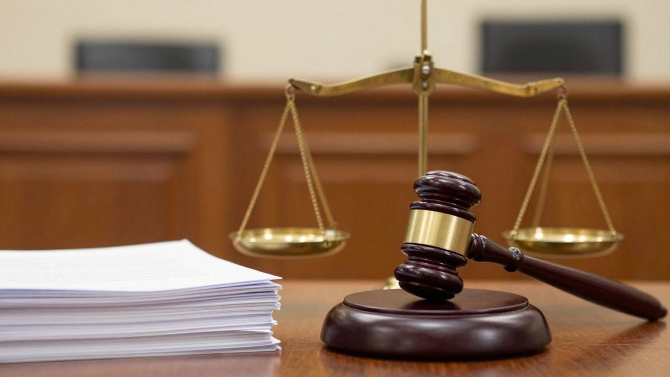 Gavel and balanced scale on legal documents in courtroom.