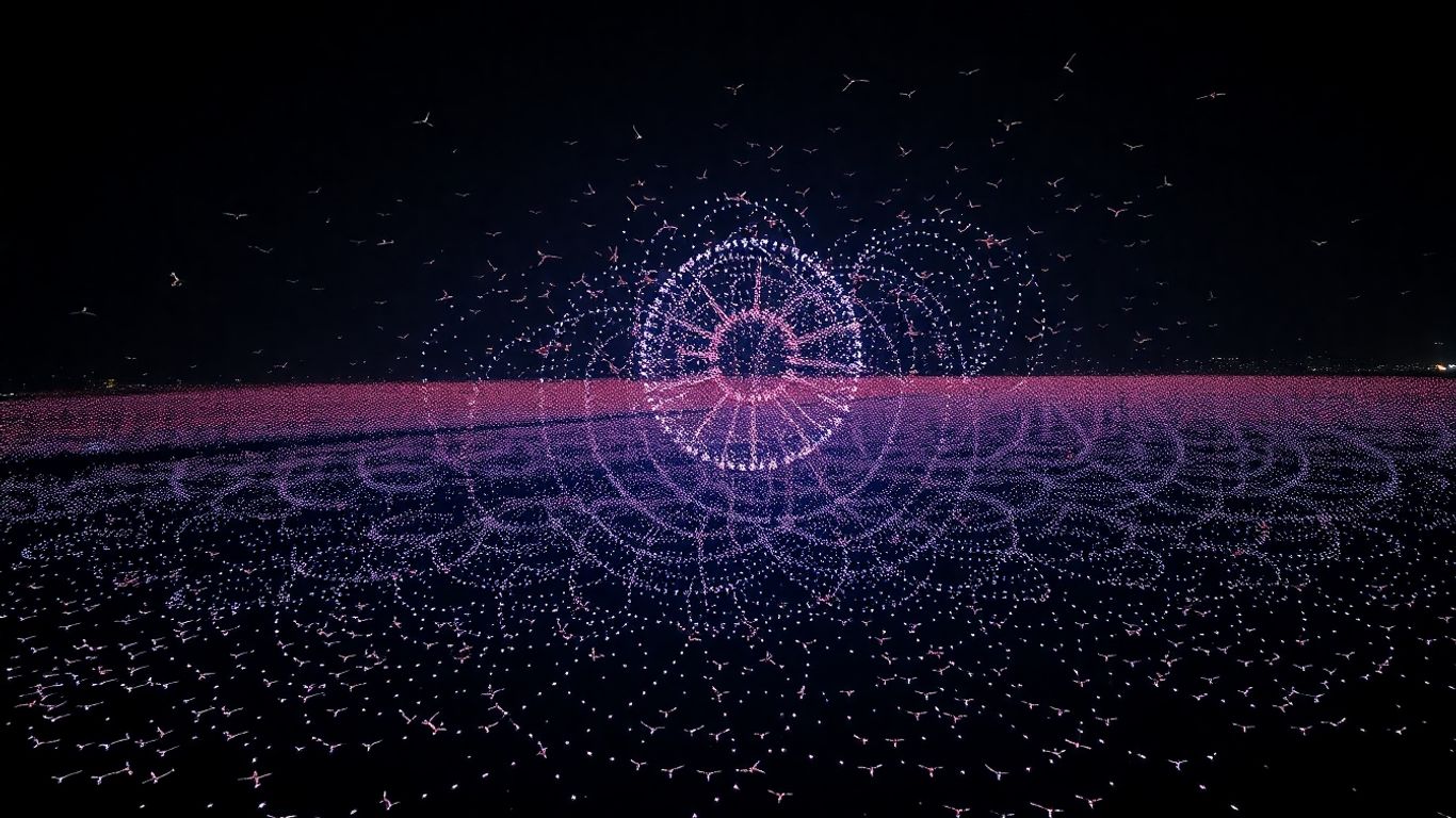 Drones create colorful patterns in the night sky.