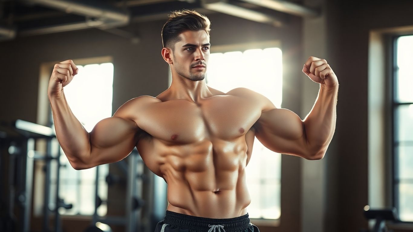 Muscular man flexing in a sunlit gym