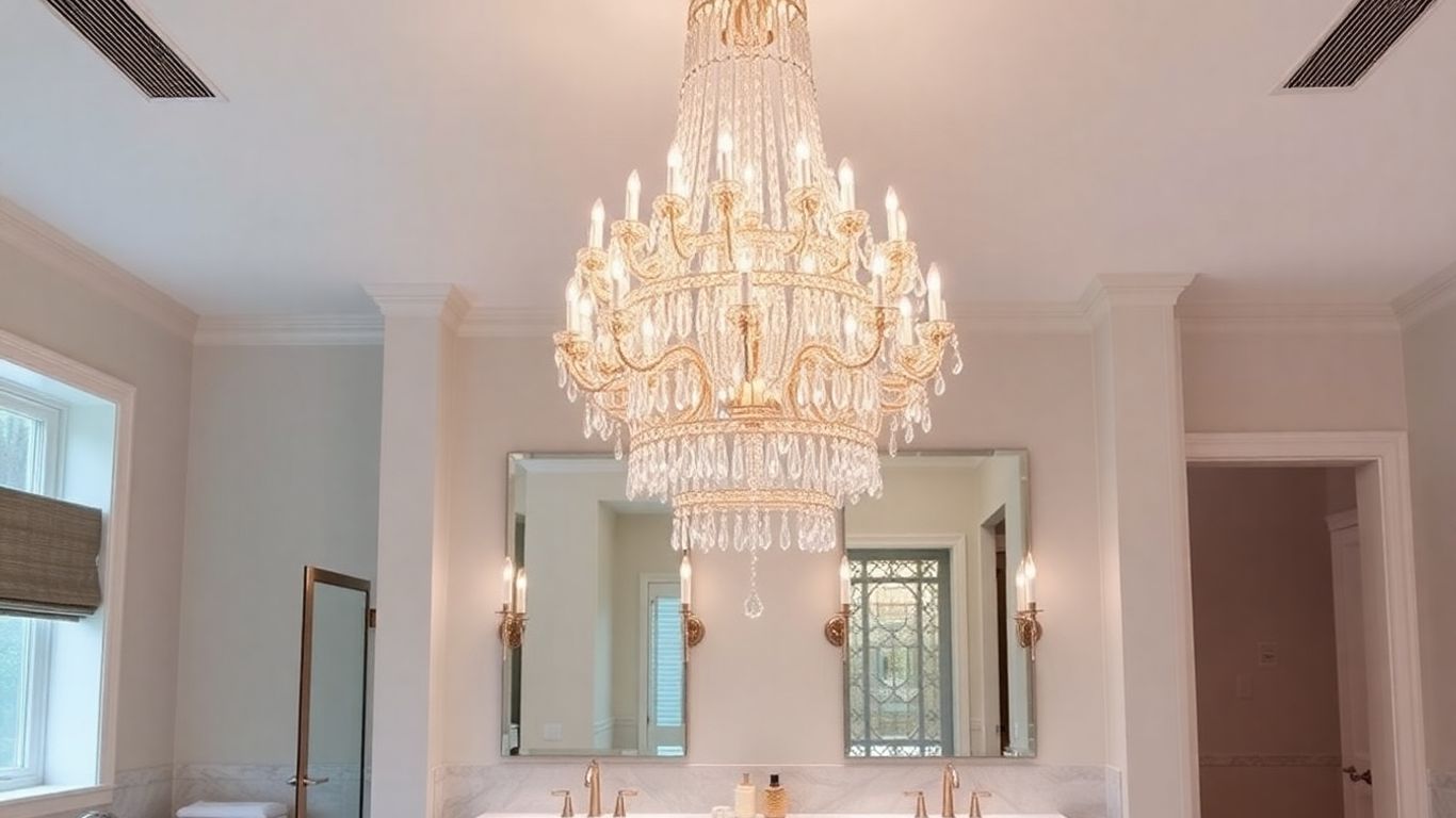 Dramatic chandelier lighting a modern bathroom vanity.