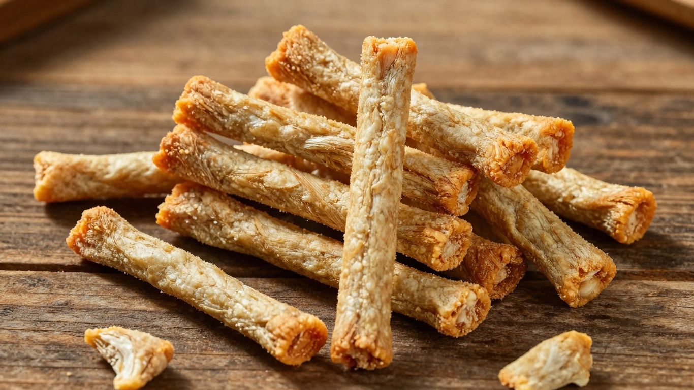 Freeze-dried chicken dog treats on a wooden surface.