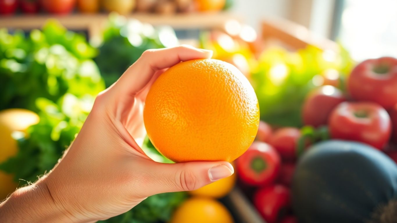 Person holding an orange, surrounded by healthy foods.