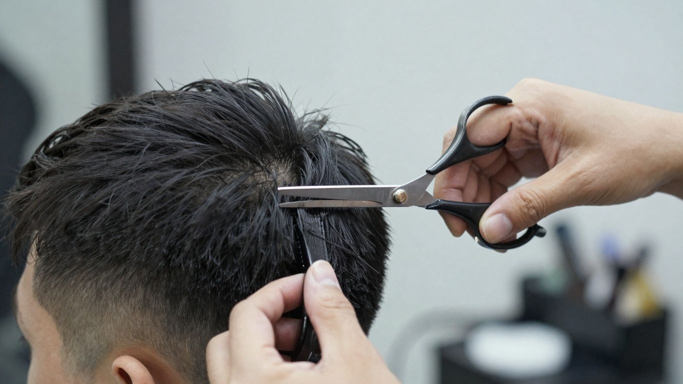Barber cutting hair with scissors, close-up