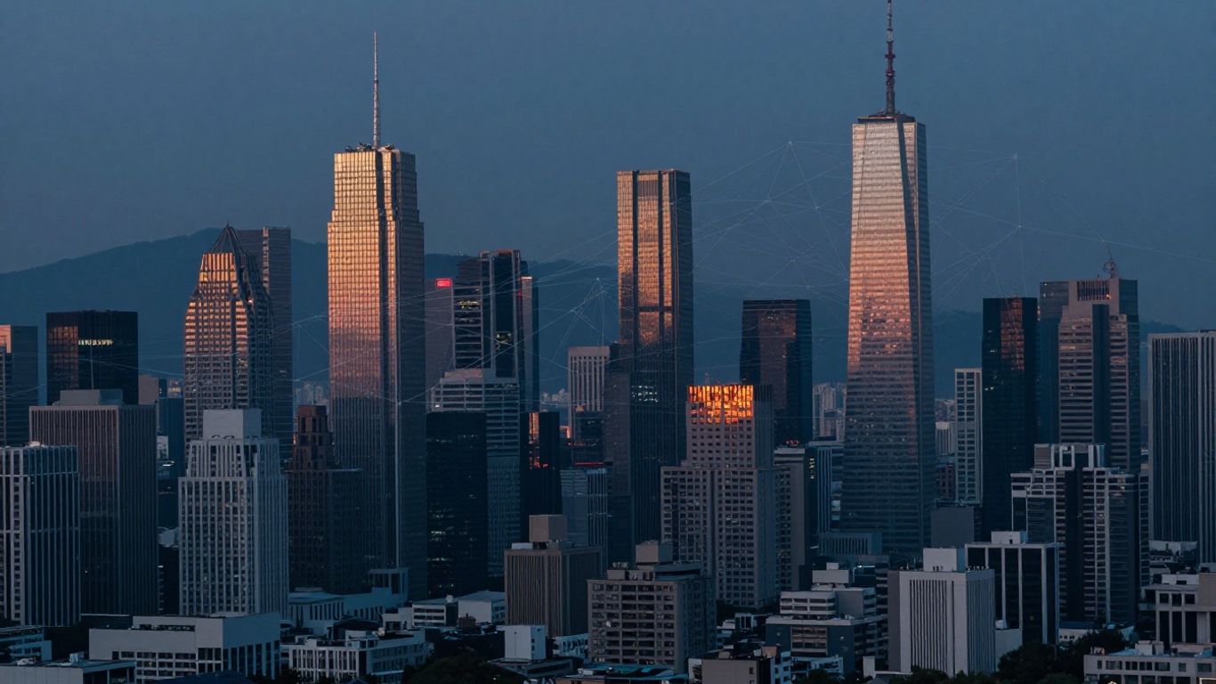 Cityscape with financial network overlay