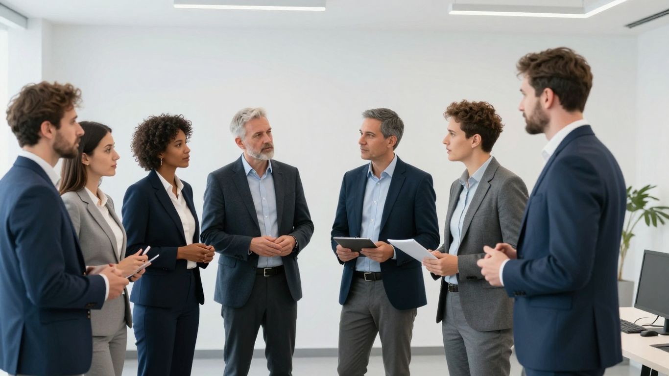 Menschen im Büro diskutieren über digitale Transformation und Abonnements.