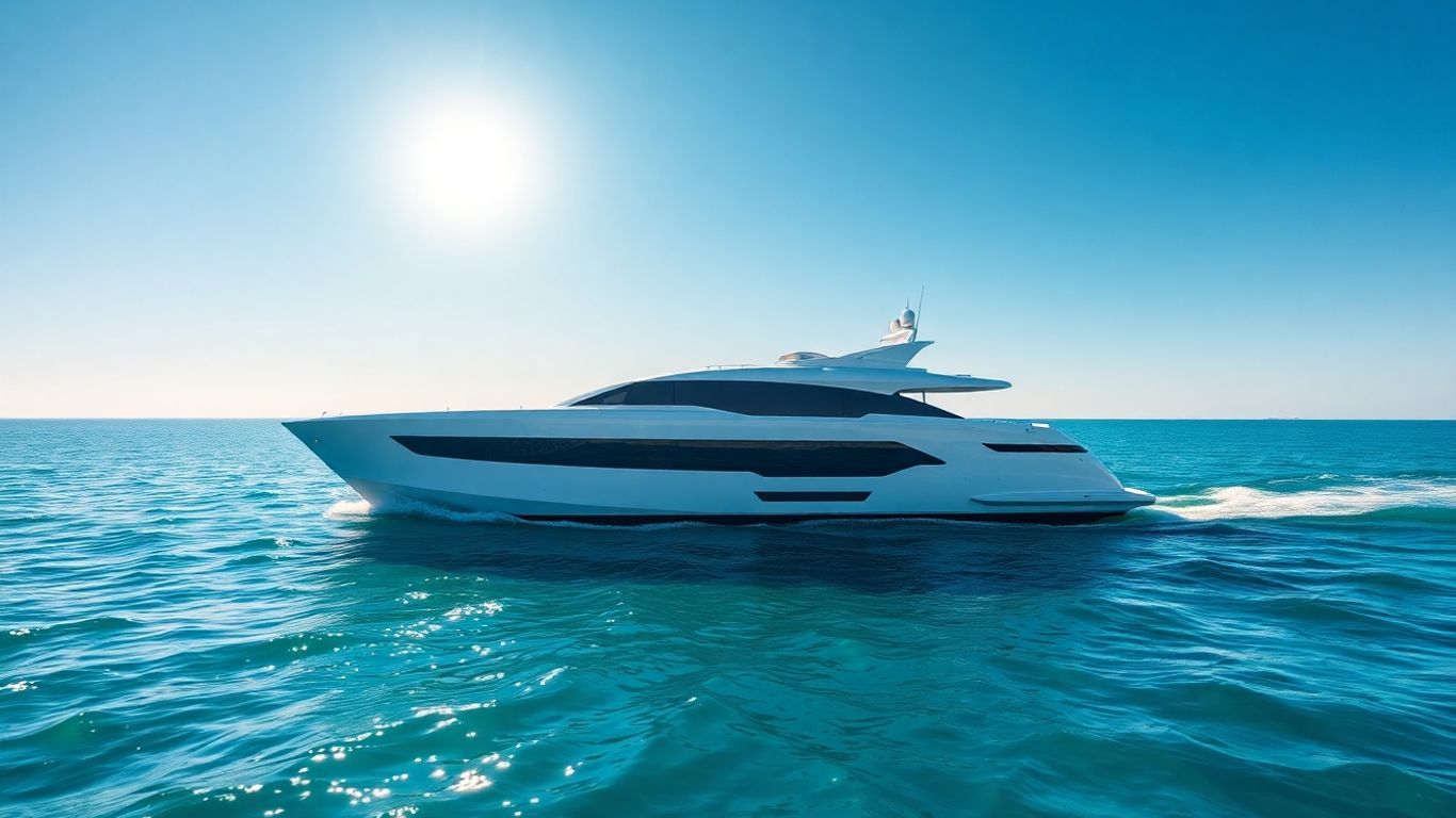 Modern electric yacht sailing on clear blue water.