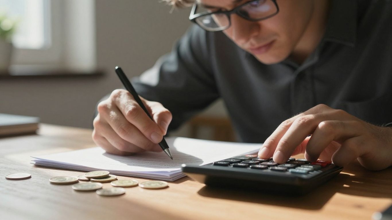 Osoba studující finanční dokumenty a mince.