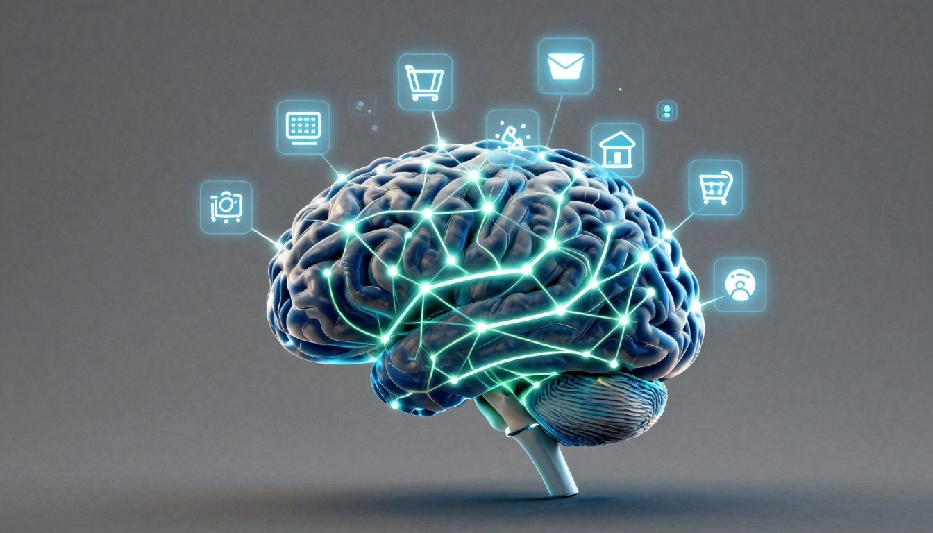 Brain with digital marketing icons, illustrating neuromarketing concepts.