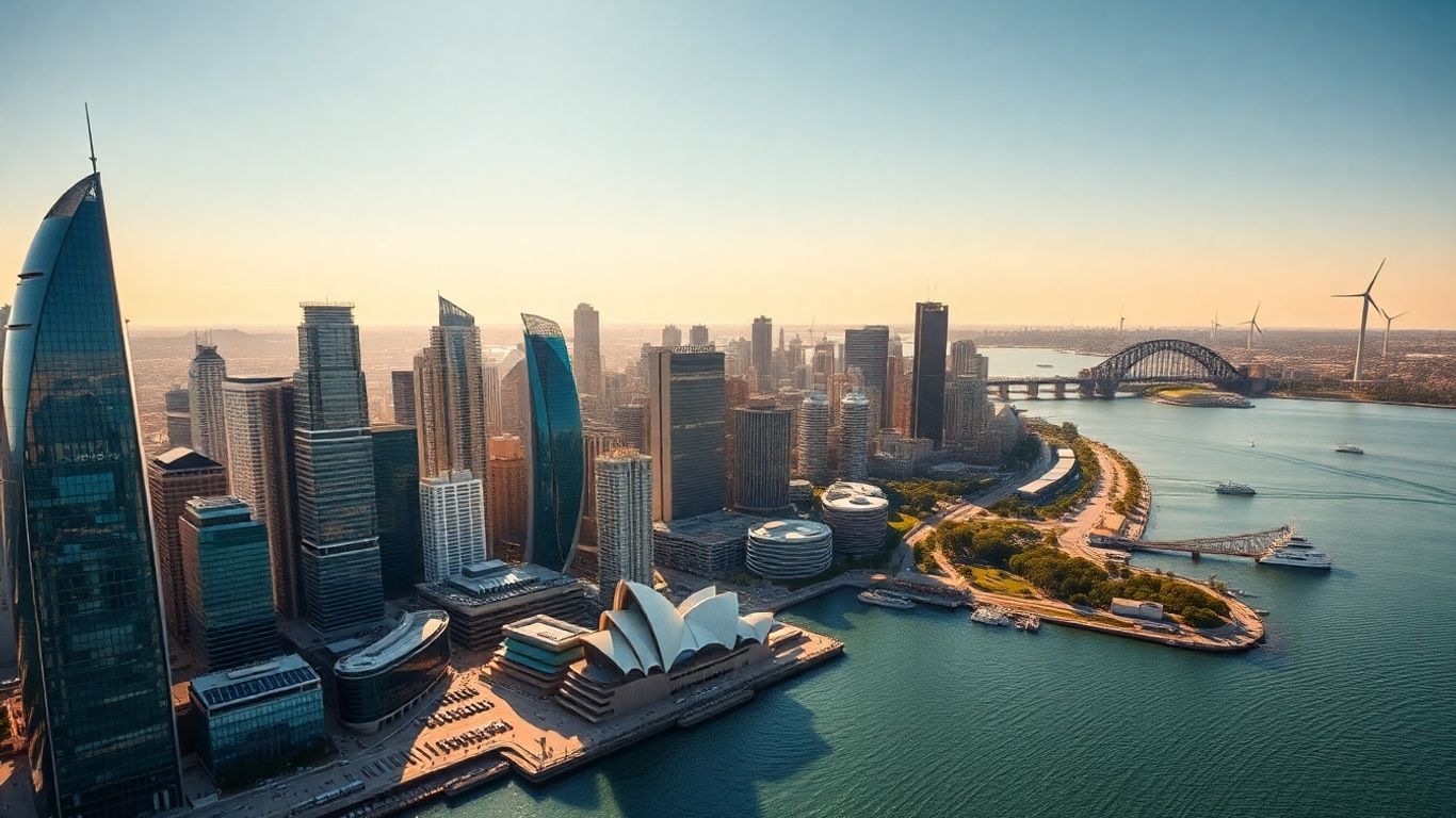 Sydney skyline with solar panels and wind turbines visible