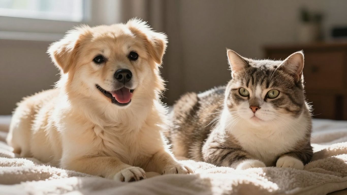 Happy dog and cat resting together peacefully.