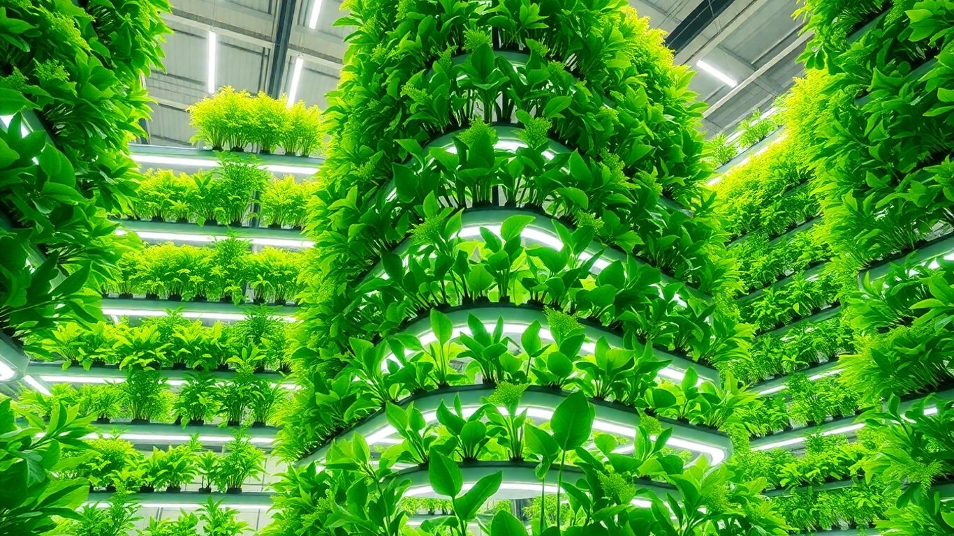Agricultura vertical em Portugal com plantas verdes.