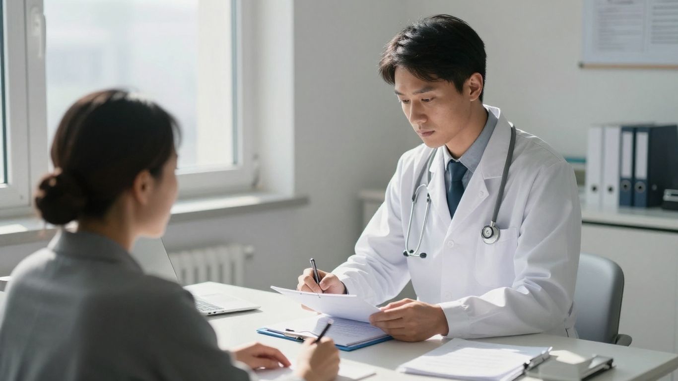 Profesionist medical examinând un dosar medical al pacientului.