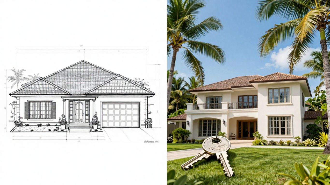 Split image: house blueprint versus villa key in tropical setting.