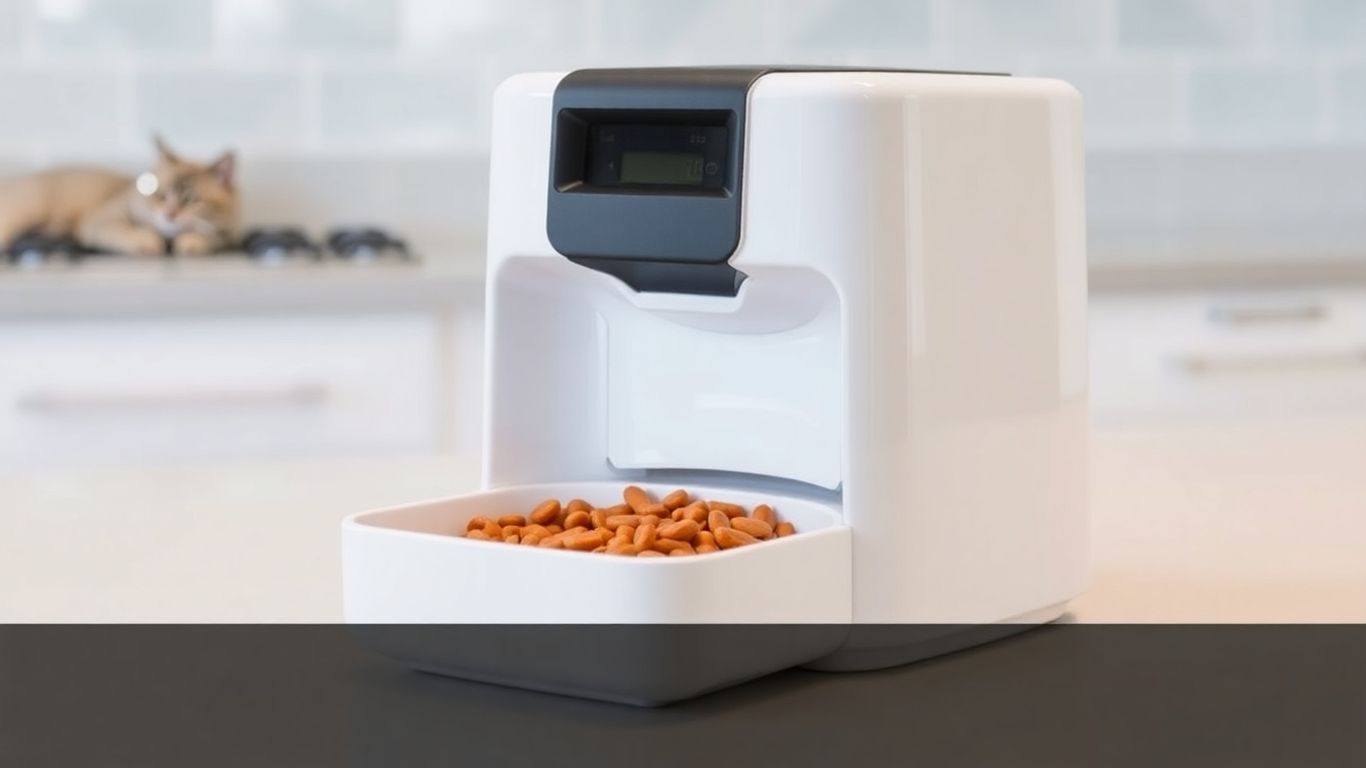 Modern cat wet food feeder with fresh food inside.