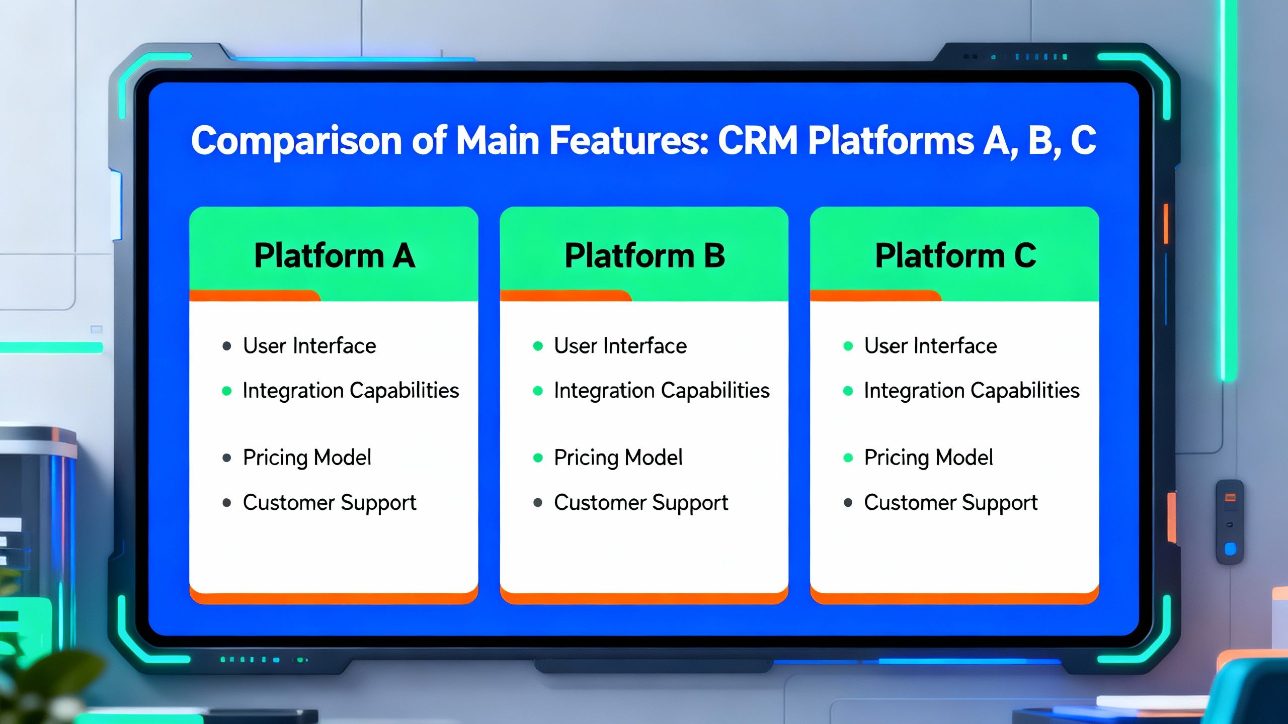 A stylized chart comparing the main features of three CRM platforms on a digital display