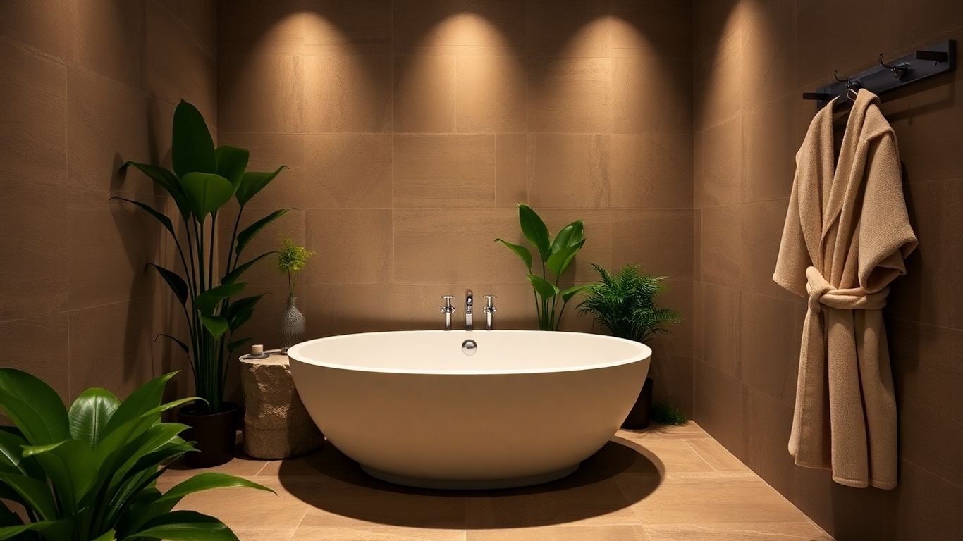 Luxurious spa bathroom with soaking tub and plants.
