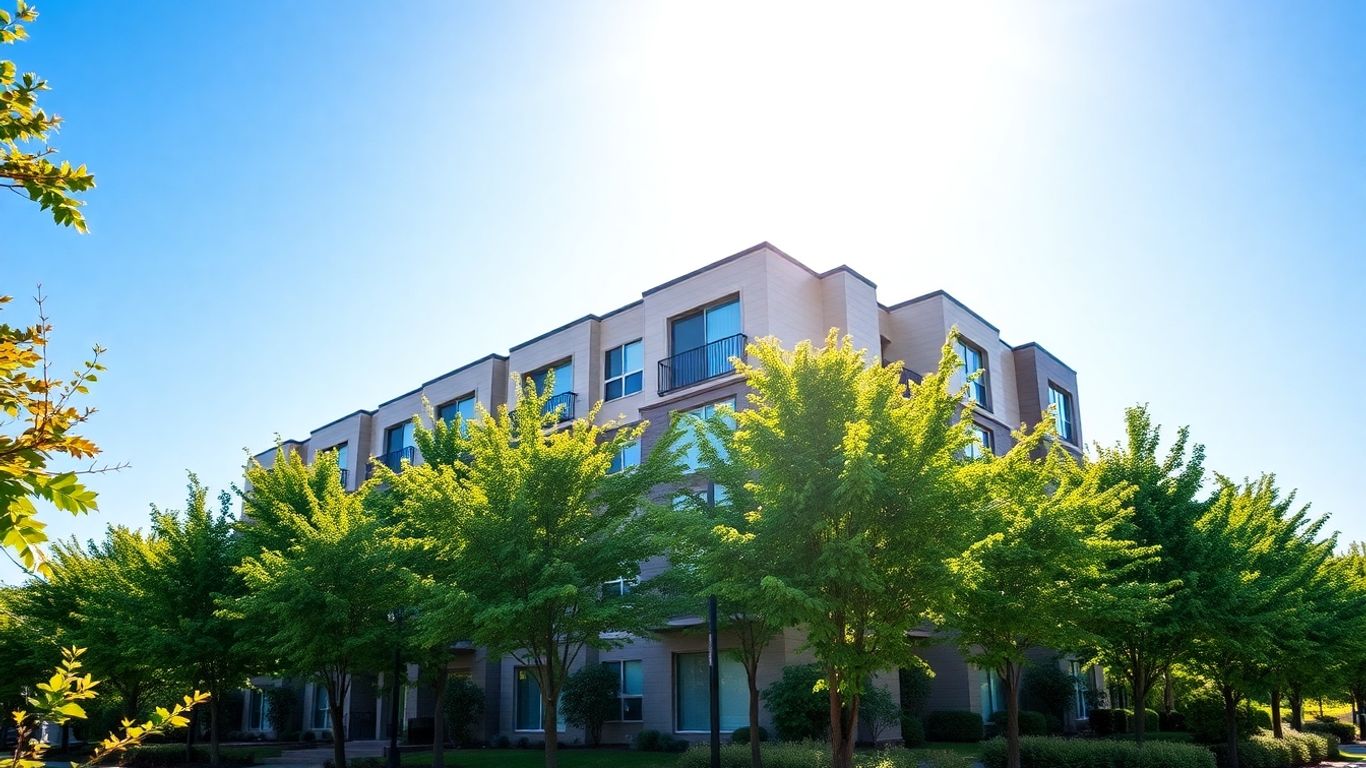 Edificio residencial moderno con árboles verdes y cielo azul.