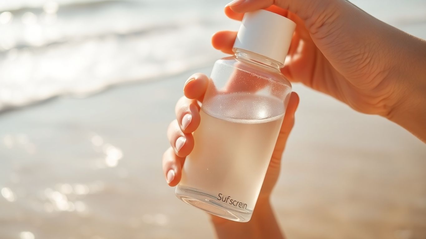 Hand hält Sonnencreme am Strand