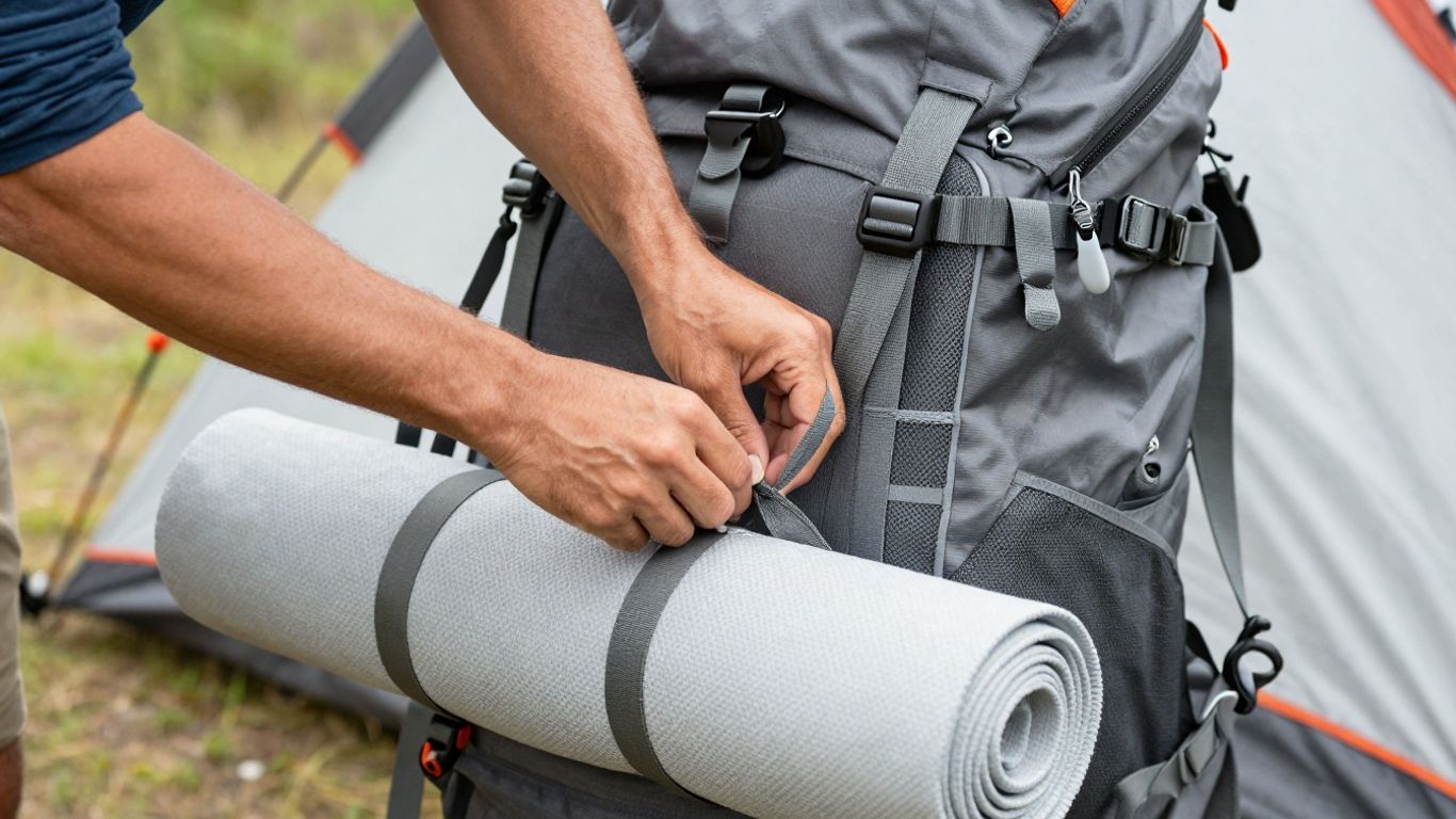 Hiker attaching tent to backpack straps