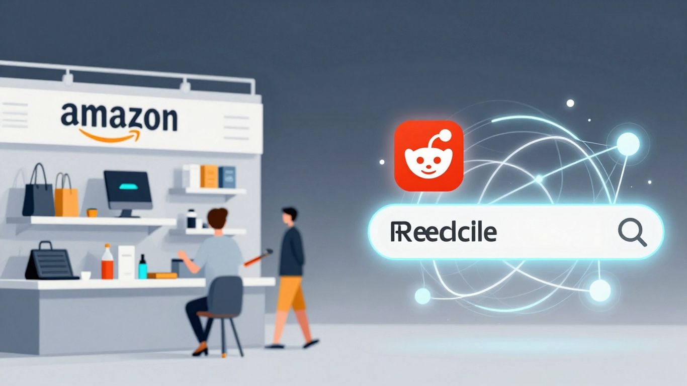 Amazon marketplace and AI search connecting to Reddit logo.