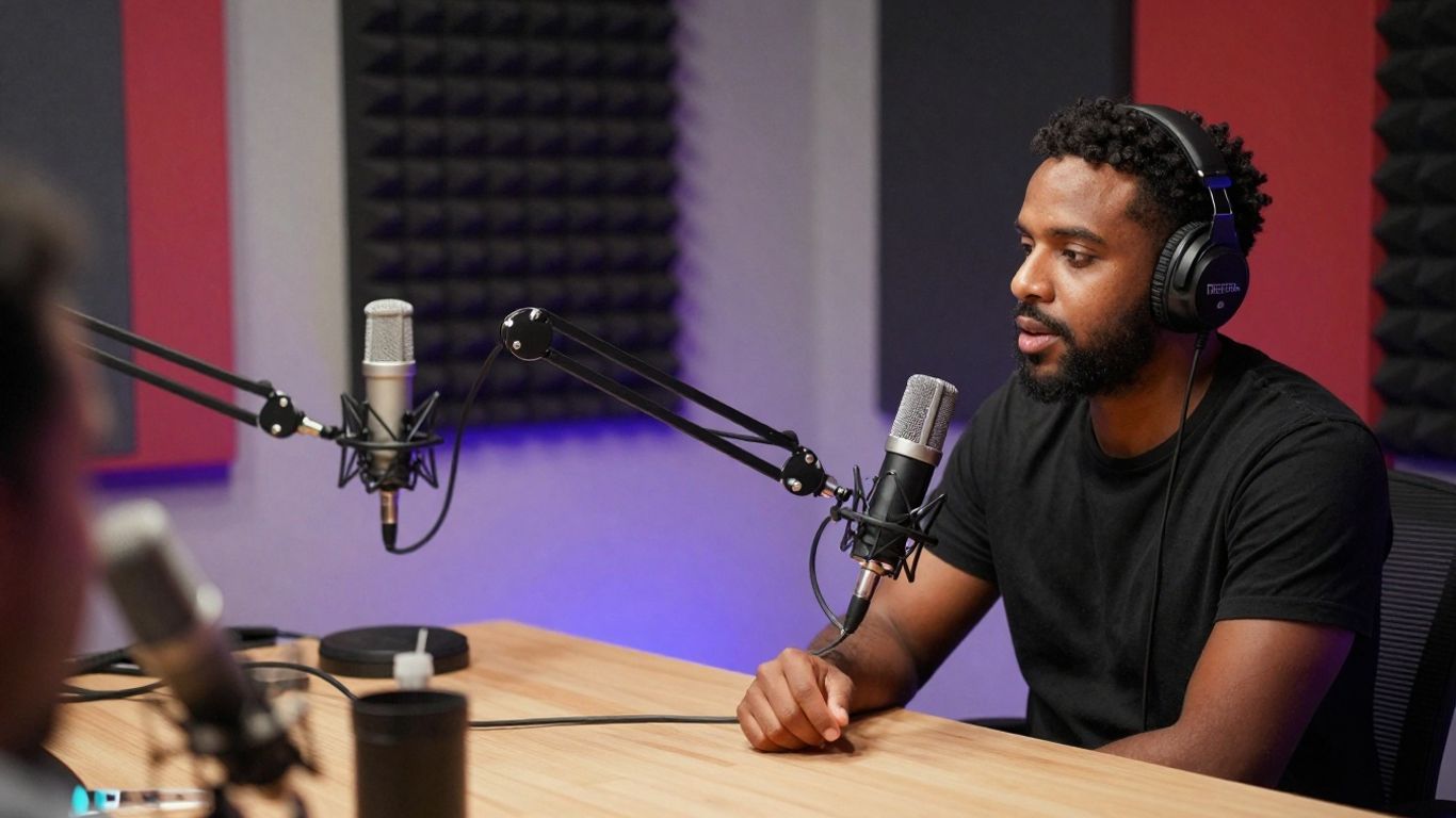 Podcast studio with microphones and soundproofing panels.