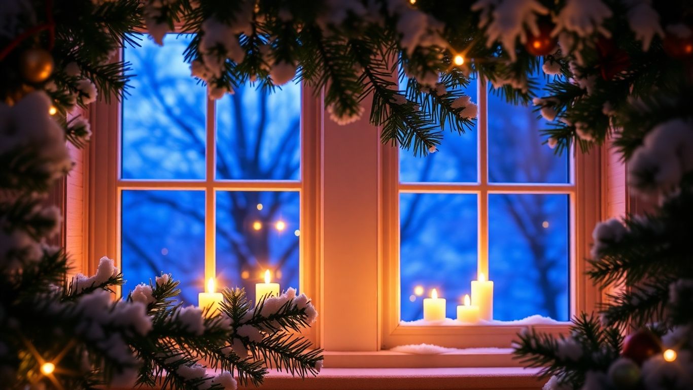 Glowing Christmas window candles on a snowy night.
