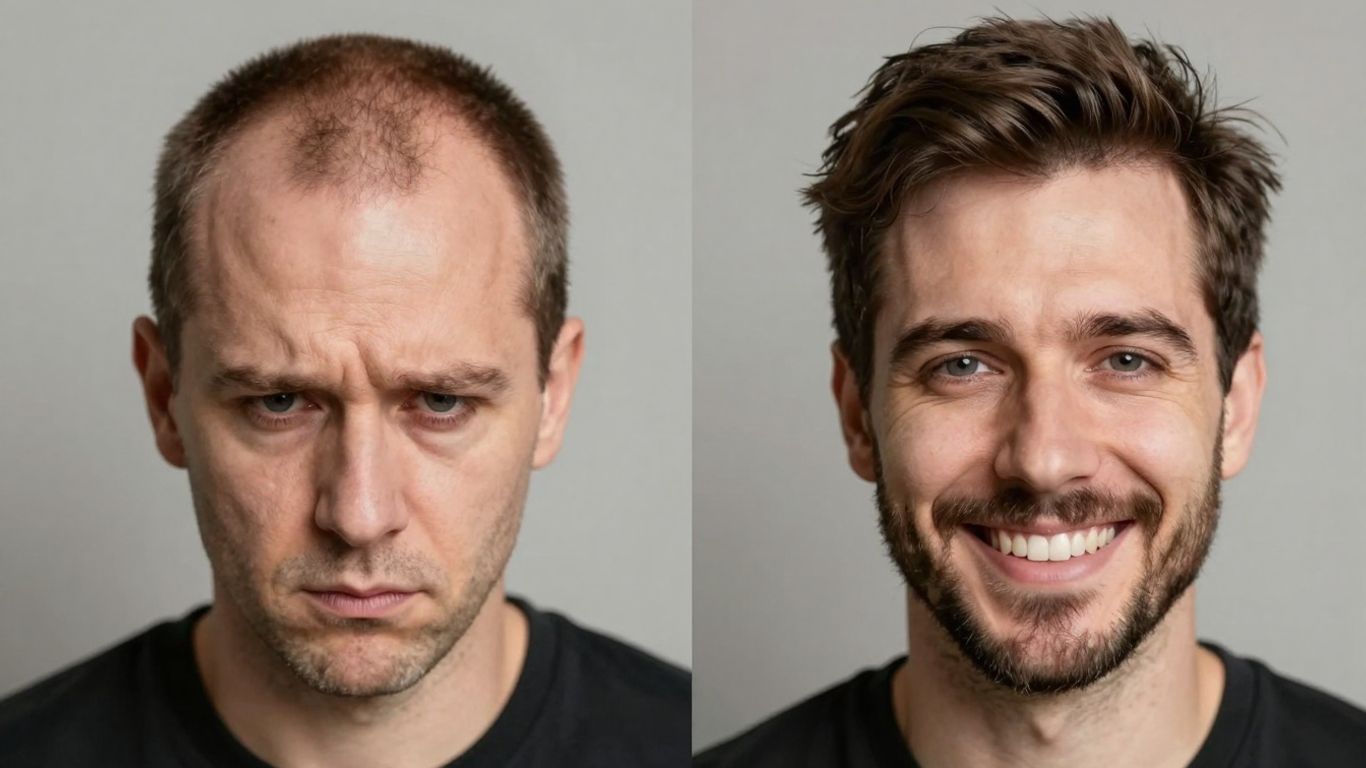 Man's hair regrowth progress over time with Rogaine.