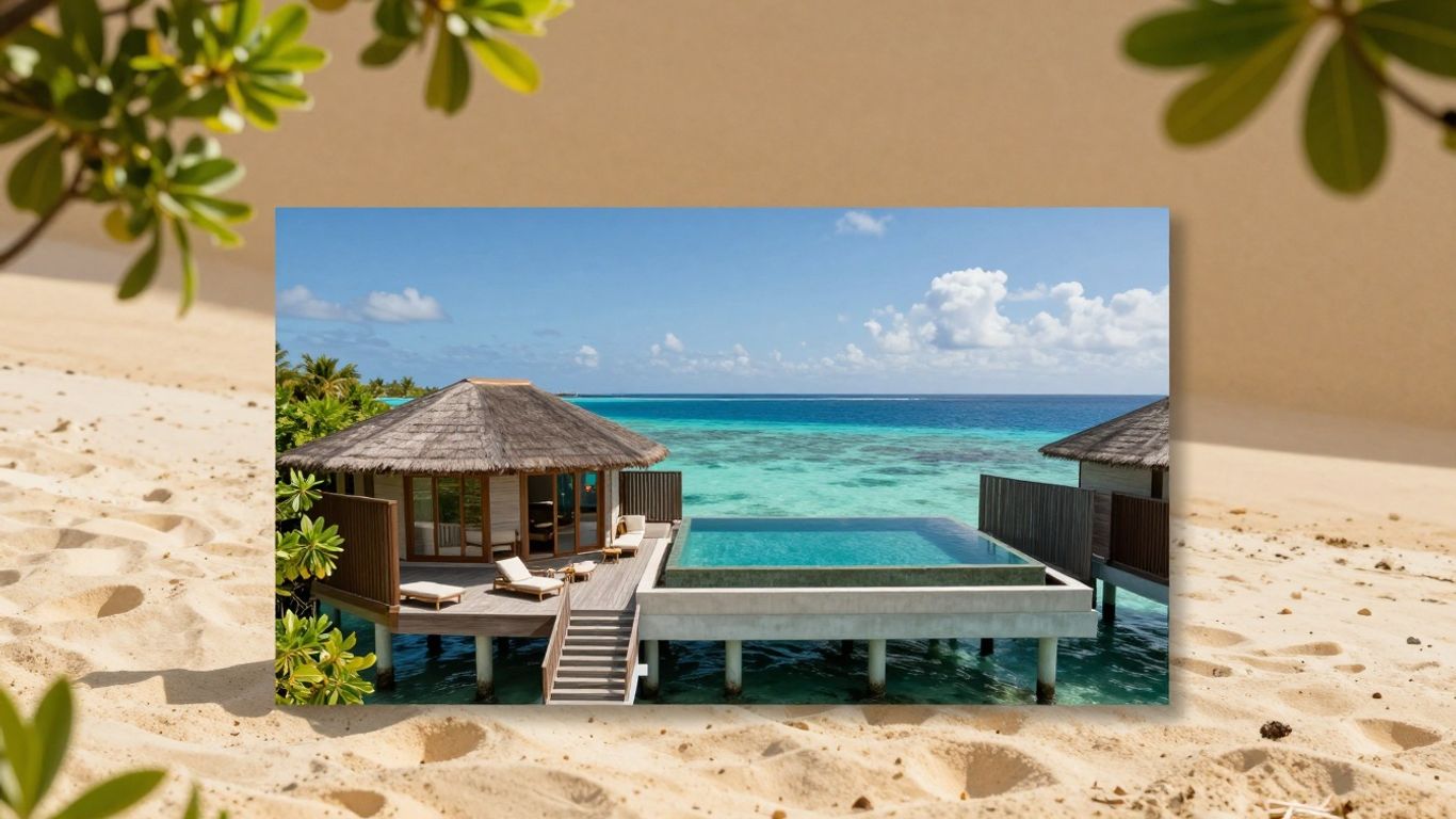 Maldives overwater bungalow with infinity pool and turquoise water.
