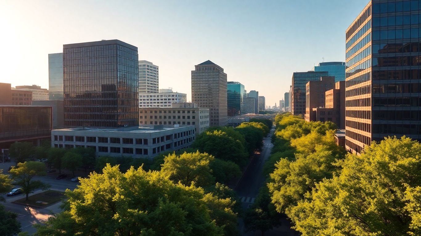 Birmingham skyline with modern buildings and green trees.
