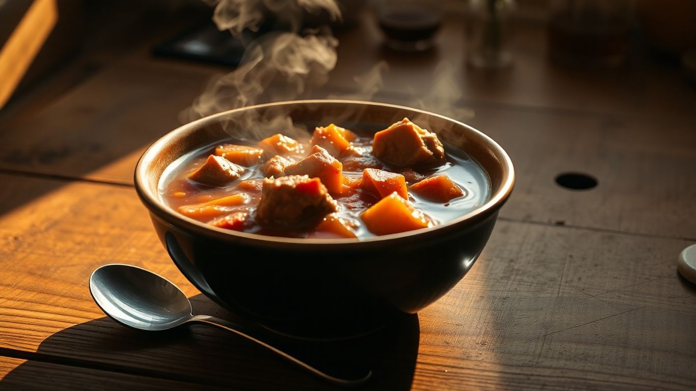 Steaming bowl of hearty stew for a single serving.